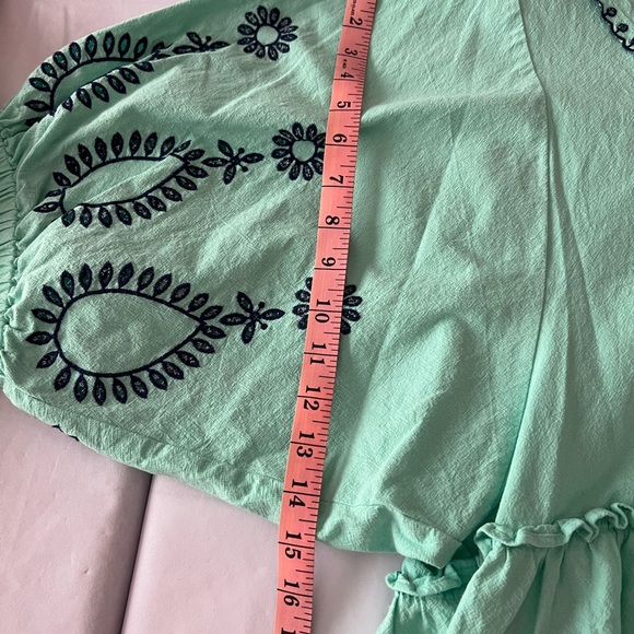 Free People Arcadia blouse Mint Green Blouse with navy Embroidery - Picture 5 of 6